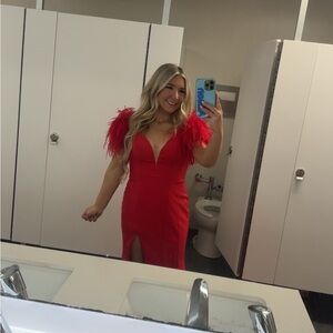 Chic Red Feathered Prom Dress